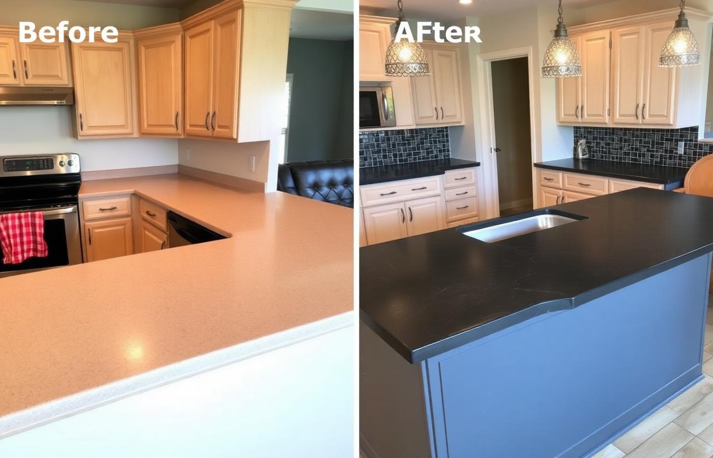 Before and after resurfacing of a dated kitchen countertop